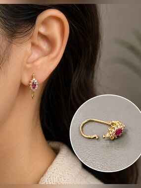 Vintage Single Earring Gold Tone Red Marquise Clear Stones Victorian inspired